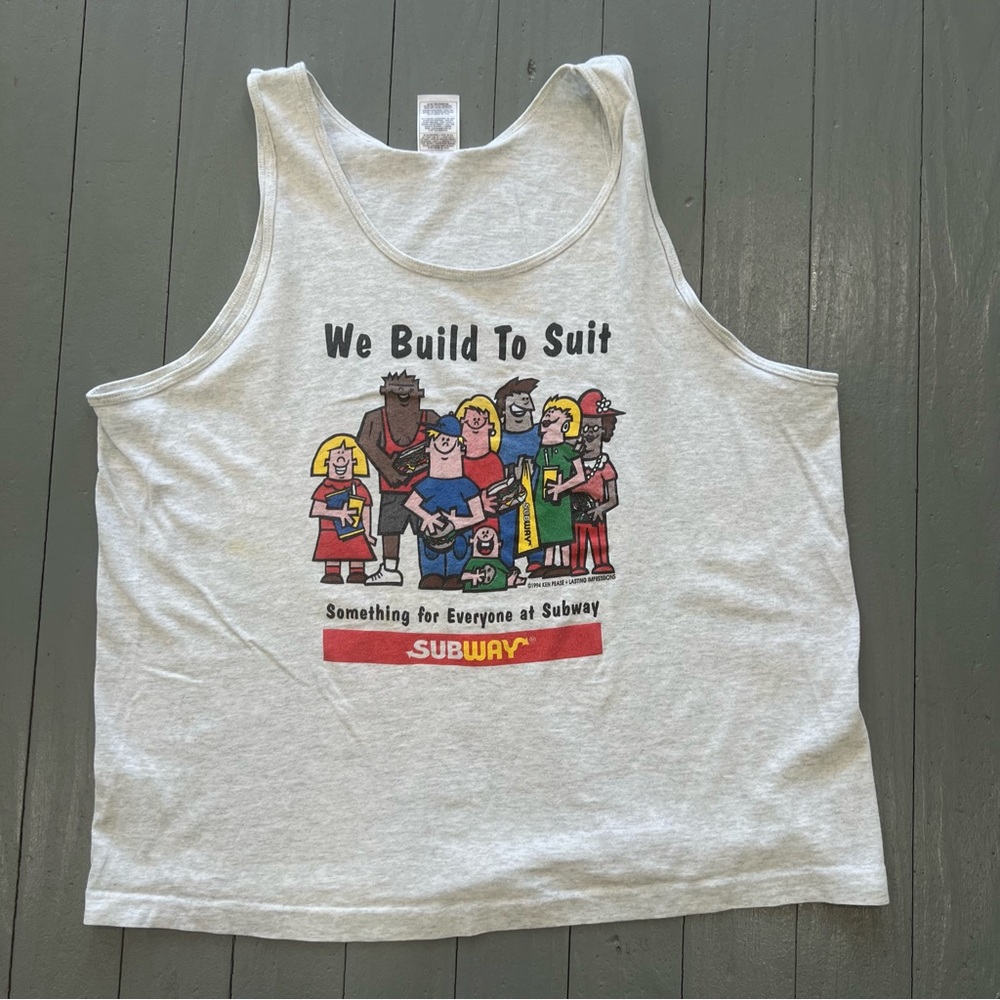 Vintage Subway sleeveless shirt mens‎ XL gray "we built to suit" thank top USA